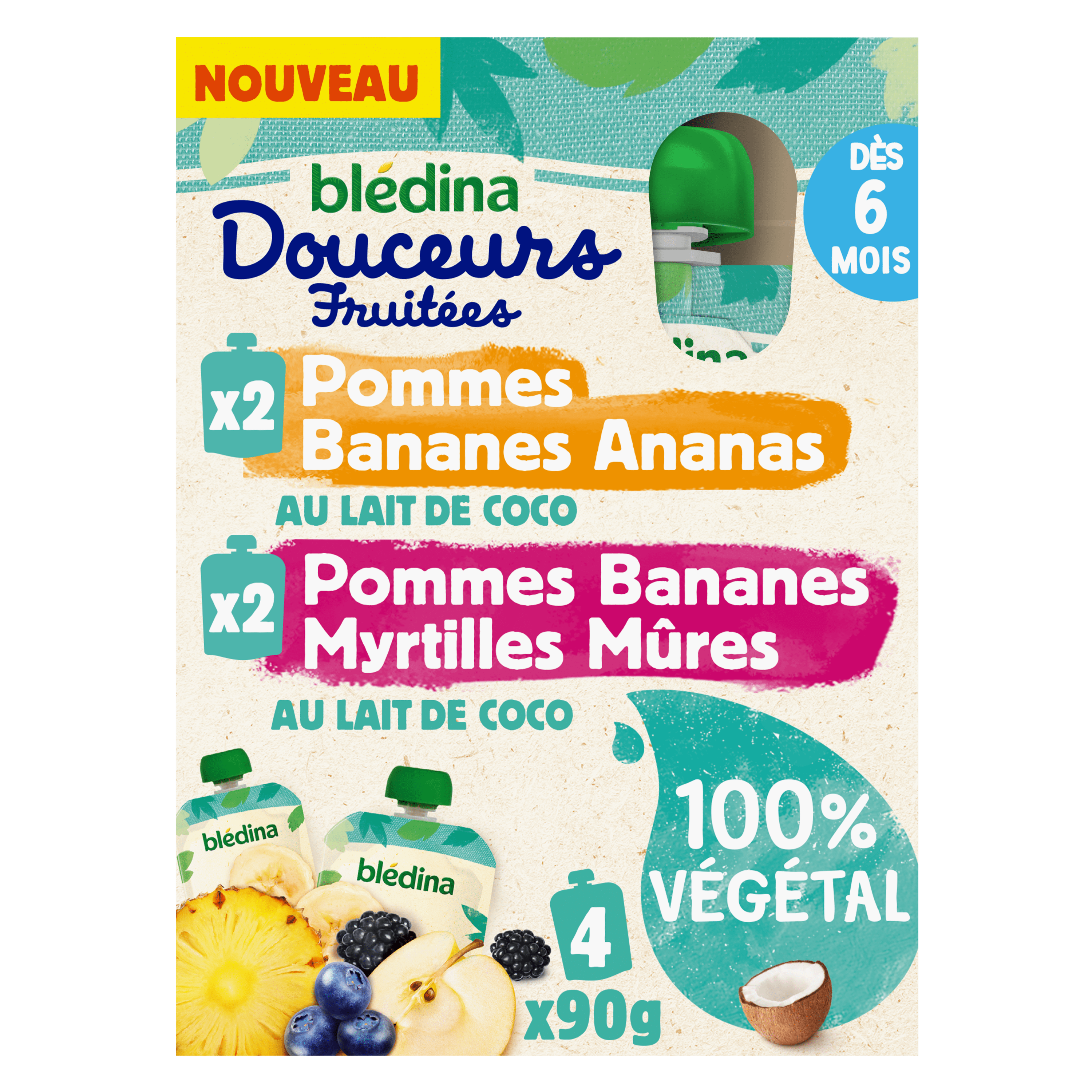 Blédina - Gourdes de Purée de Fruits - 100% Végétal - Pommes Bananes Ananas  et Pommes Bananes Myrtilles Mûres - Pour Bébé dès 6 mois - 16x90g (8x2